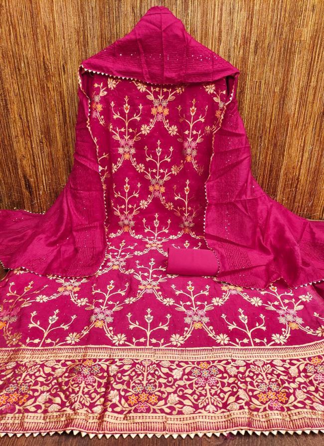 Chanderi Hot Pink Festival Wear Crosset Work Dress Material